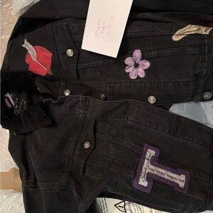 Taylor Swift Black Embroidered Patch Denim Jacket with Red & Purple Accents